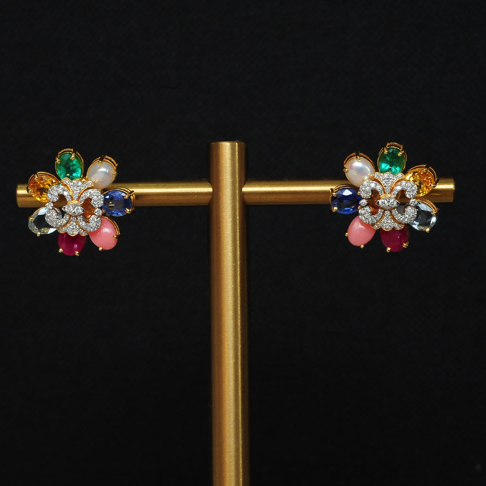 Diamond Studs with Natural Emeralds, Rubies, Blue Sapphires, Yellow Sapphires, Aquamarine, Corals and Pearls