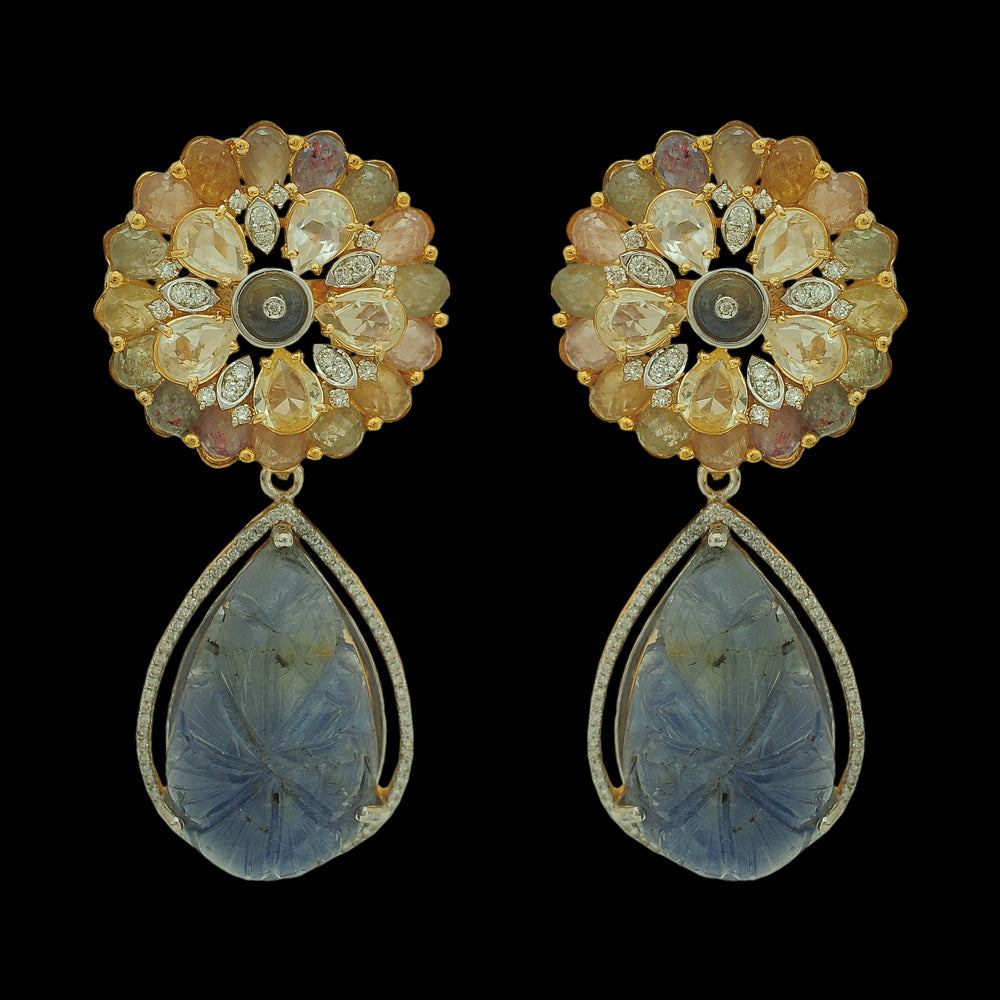 Diamond Earrings with Natural Carved Sapphires