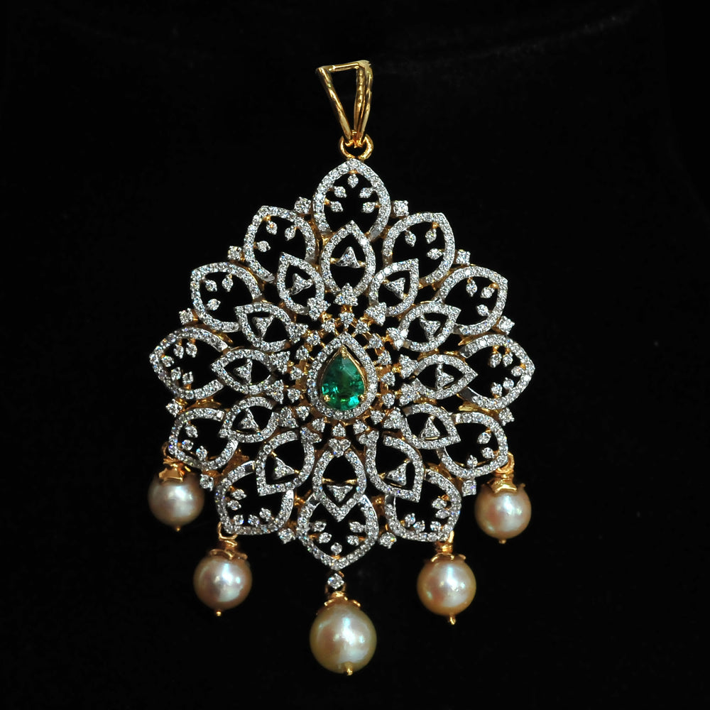 Diamond Pendant with changeable Natural Emeralds/Rubies and Pearl Drops