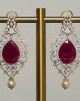 Pear shaped Diamond Earrings with Natural Rubies and Pearl Drops
