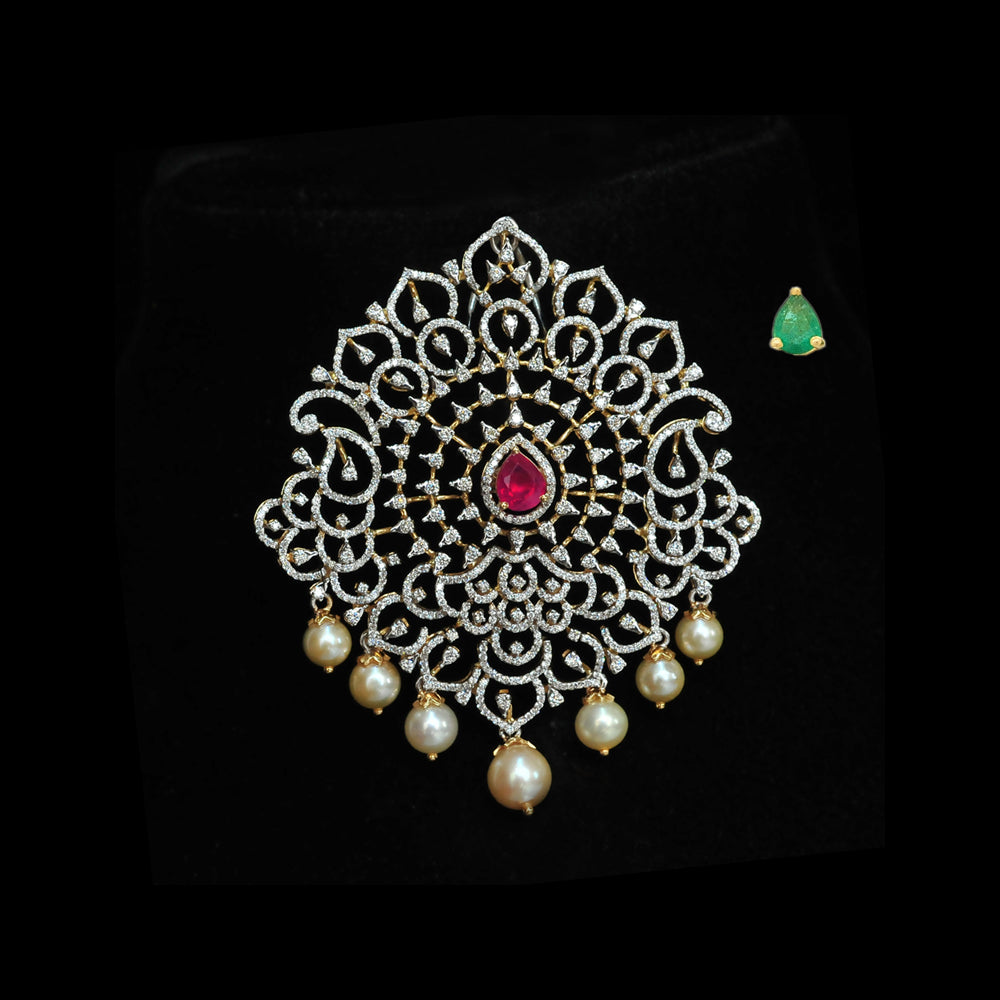 Diamond Pendant with changeable Natural Emeralds/Rubies and Pearl Drops