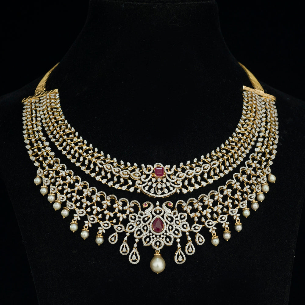 10-In-1 Diamond Choker Necklace and Pendant with changeable Natural Emeralds/Rubies and detachable Pearl Drops