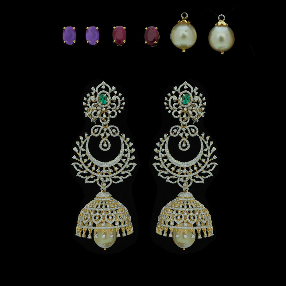 4 In 1 Diamond Earrings with changeable Natural Emeralds/Rubies/Sapphires and Pearl Drops