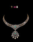 3 In 1 Diamond Necklace with changeable Natural Emeralds/Rubies and Pearl Drops