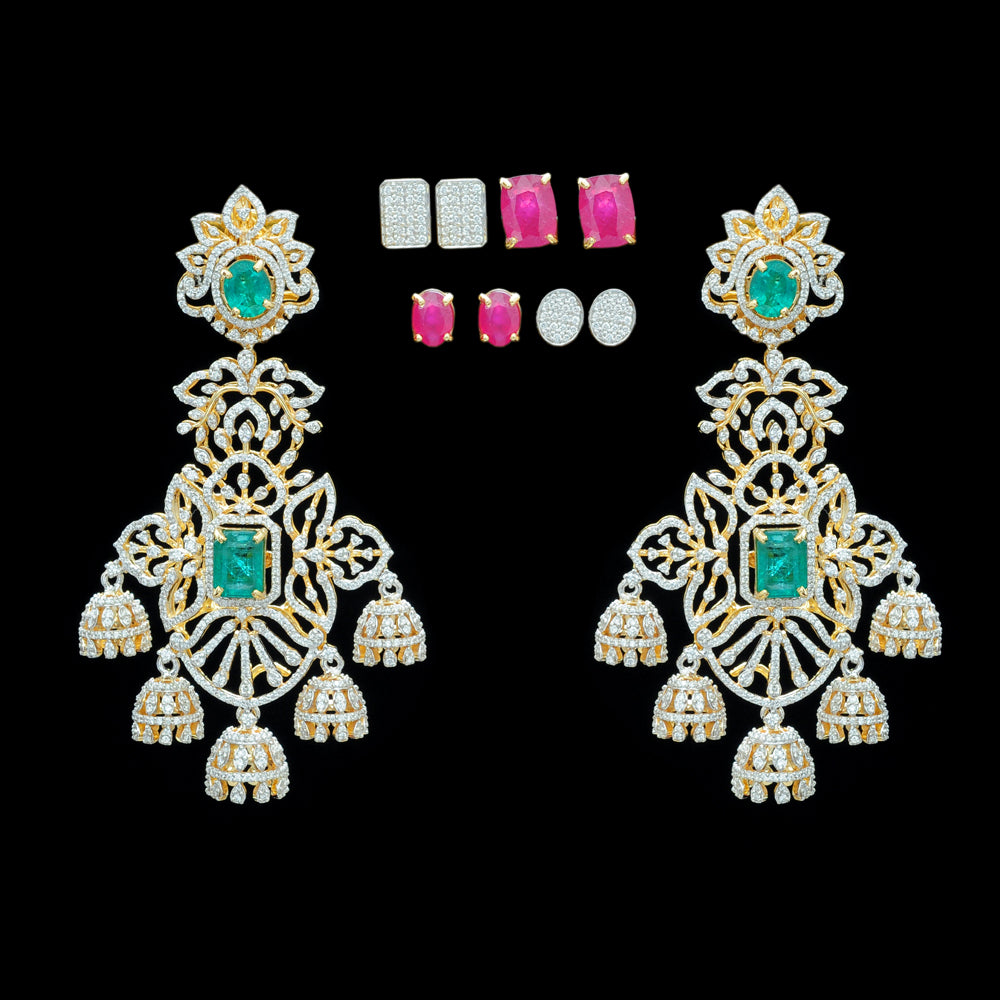 Diamond Earrings With Changeable Natural Emeralds And Rubies