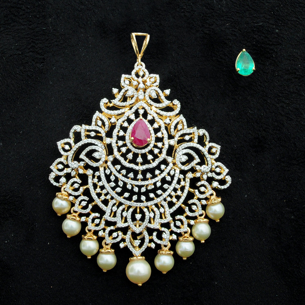 Diamond Pendant With Changeable Natural Emeralds/Rubies And Pearl drops