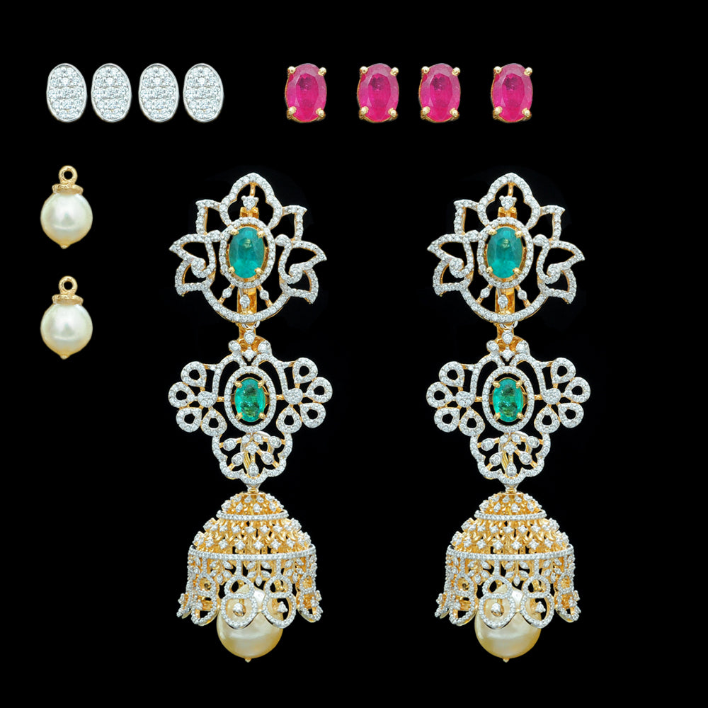 Diamond Jhumkas With Changeable Natural Emeralds And Rubies