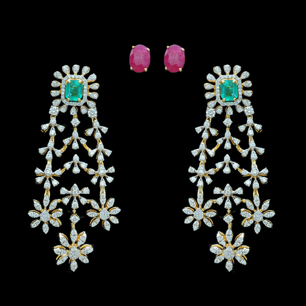Diamond Earrings With Natural Emeralds And Rubies