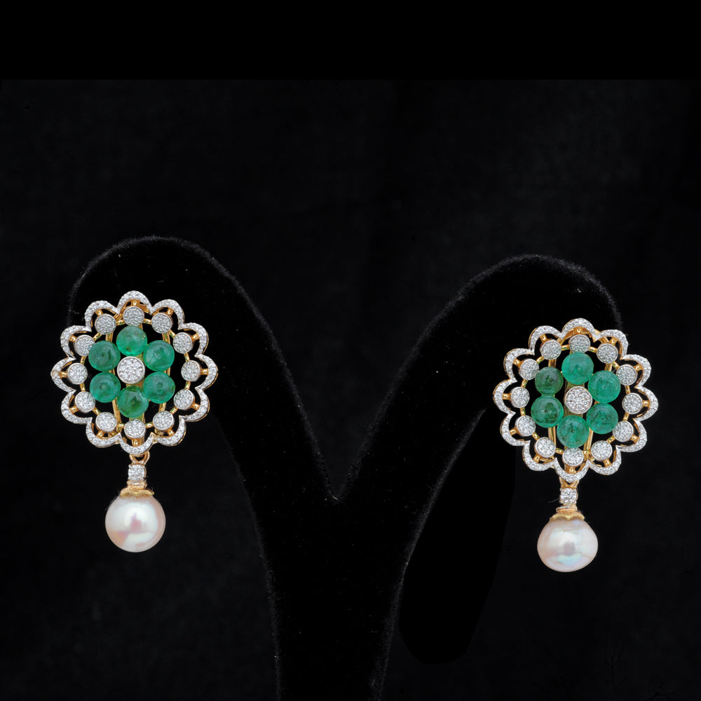 Diamond Earrings with Natural Emeralds and Pearls