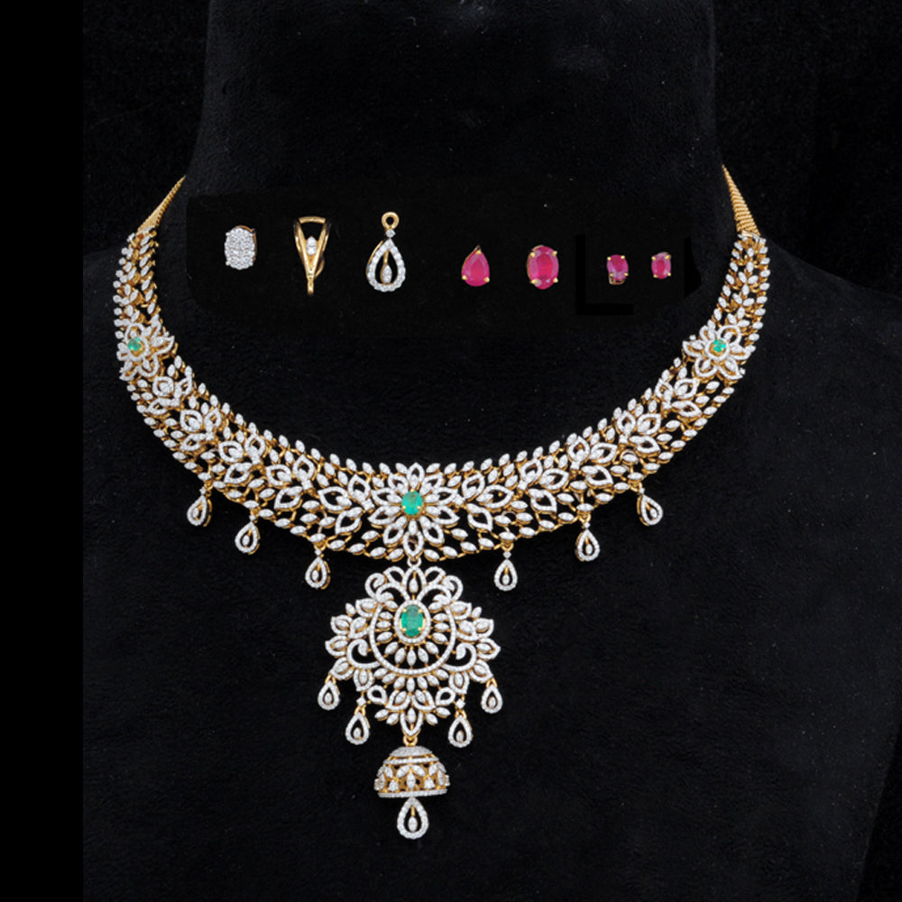 3 In 1 Diamond Necklace with changeable Natural Emerald/Ruby
