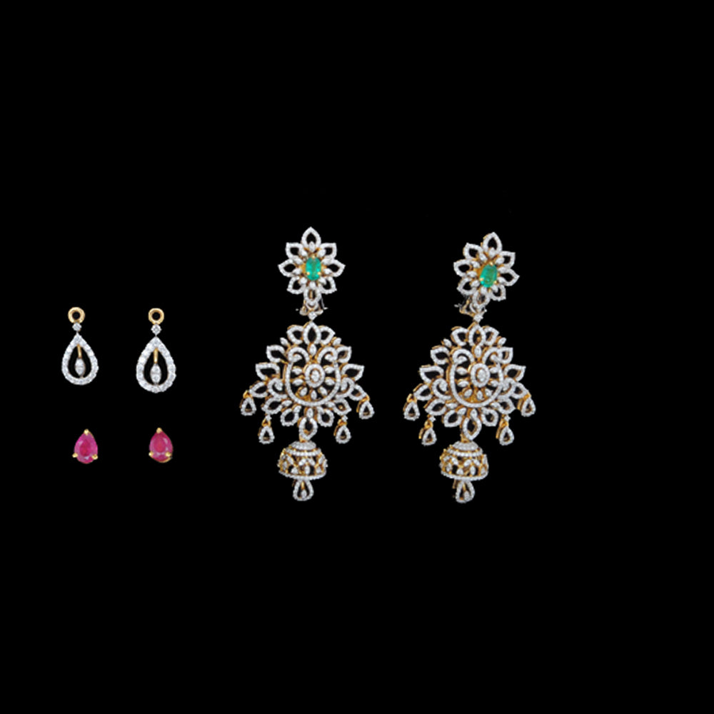 3 in 1 Diamond Earrings with changeable Natural Emeralds/Rubies