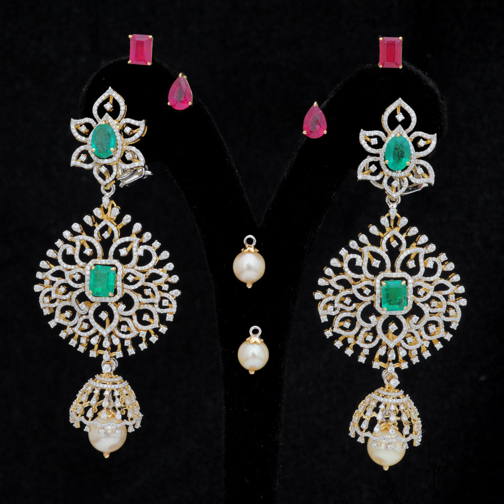 3 in 1 Diamond Earrings with Natural Emeralds/Rubies and Pearl Drops