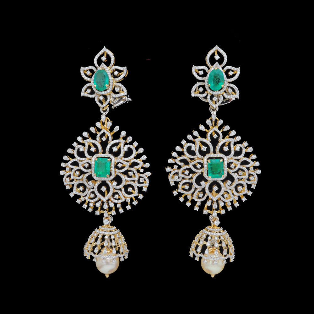 3 in 1 Diamond Earrings with Natural Emeralds/Rubies and Pearl Drops