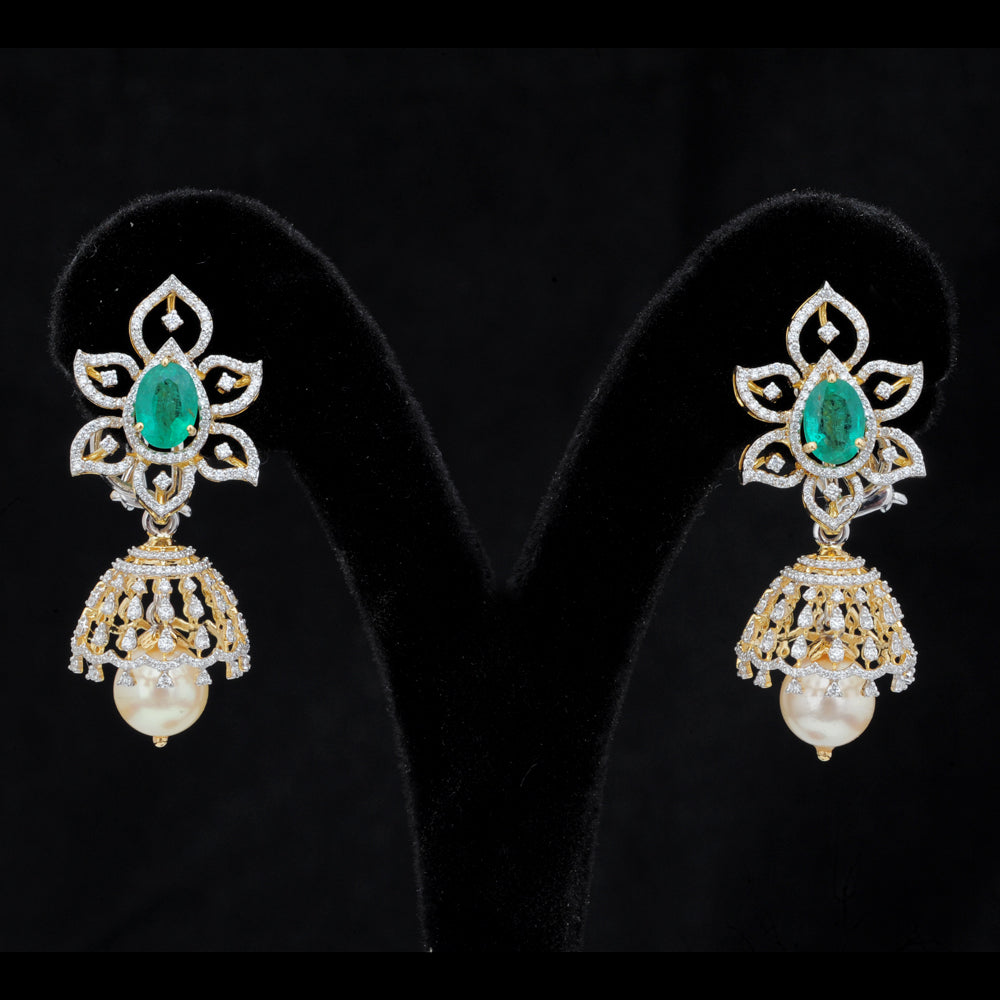3 in 1 Diamond Earrings with Natural Emeralds/Rubies and Pearl Drops