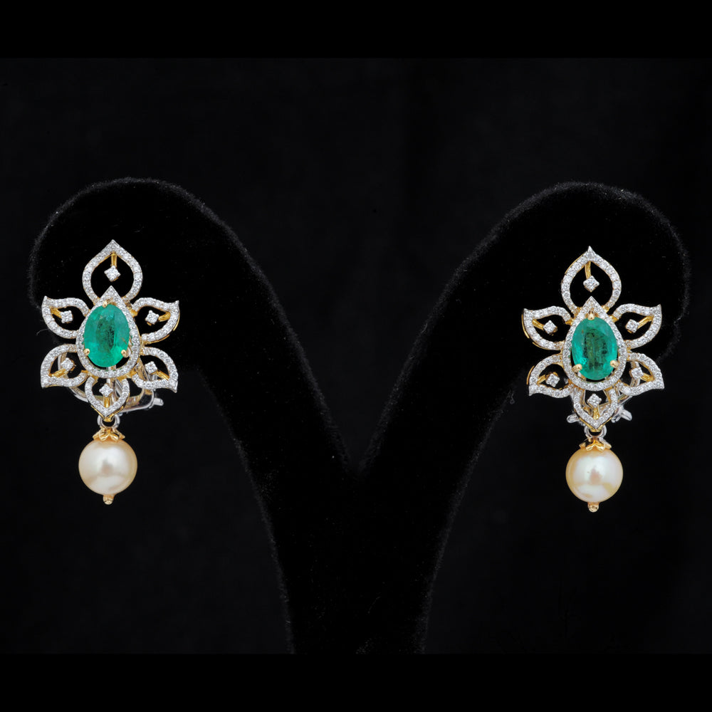 3 in 1 Diamond Earrings with Natural Emeralds/Rubies and Pearl Drops