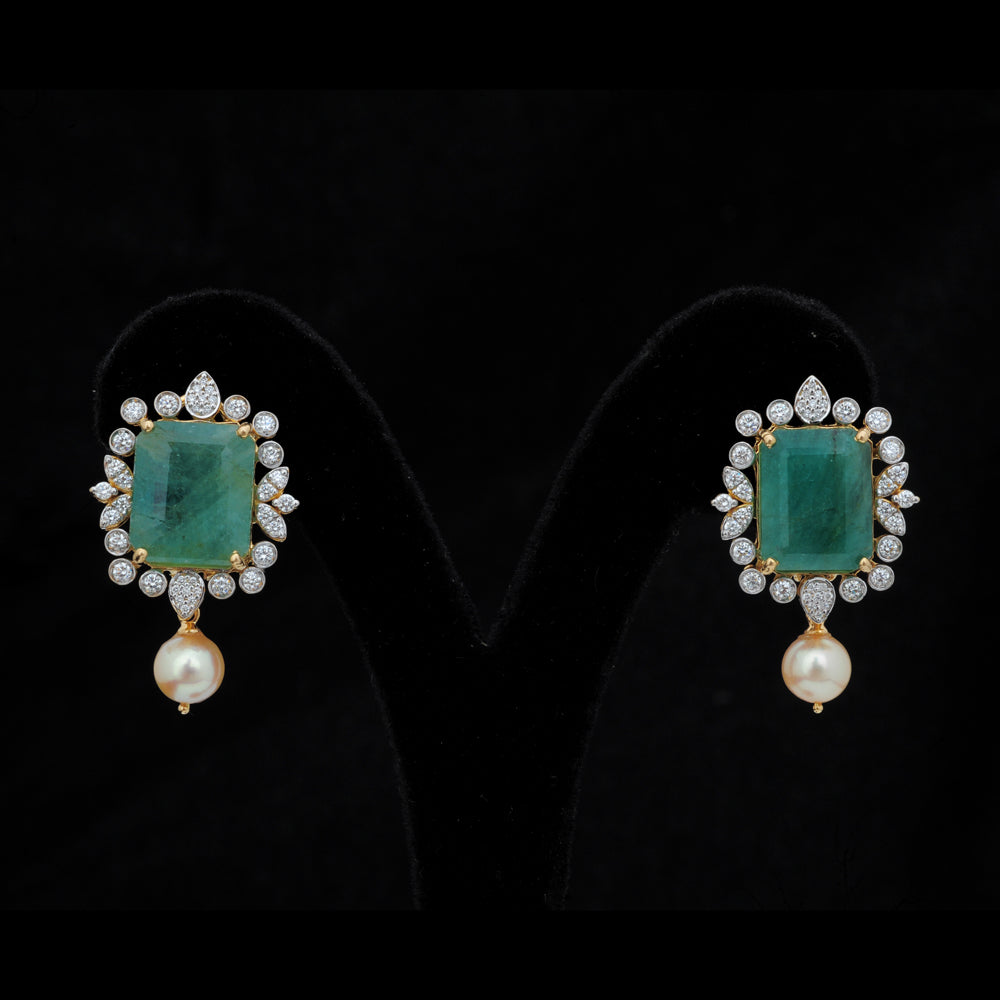 Diamond Earrings With Natural Emeralds and Pearls
