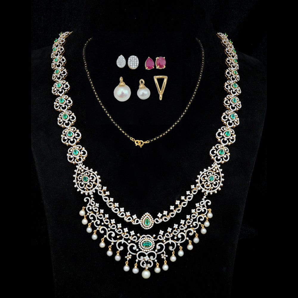 3 In 1 Diamond Necklace with Natural Emerald and Rubies.