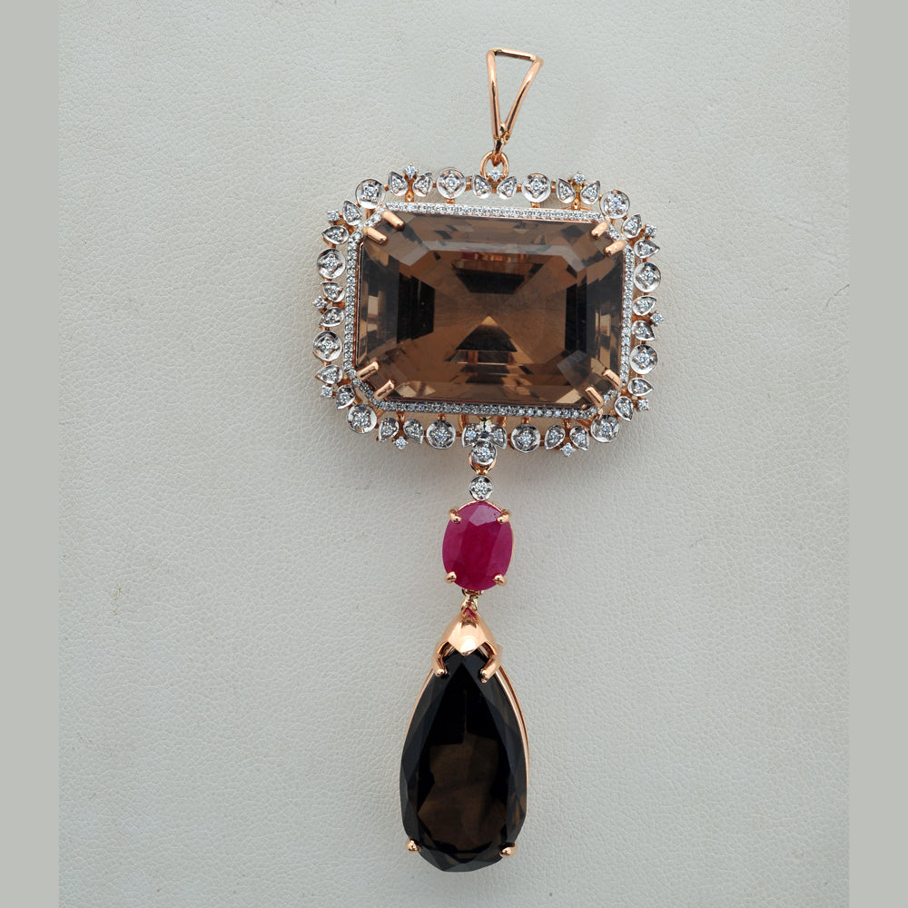 4 In 1 Diamond Necklace With Natural Rubies and Smoky Topaz With Earring Set
