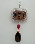 4 In 1 Diamond Necklace With Natural Rubies and Smoky Topaz With Earring Set