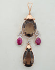 4 In 1 Diamond Necklace With Natural Rubies and Smoky Topaz With Earring Set