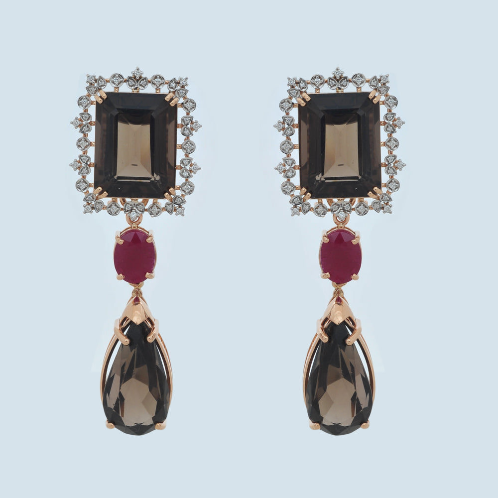 4 In 1 Diamond Necklace With Natural Rubies and Smoky Topaz With Earring Set