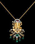 Diamond  Pendant With Natural Emerald Beads And Rubies.