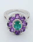Diamond Ring with Natural Emerald and Amethyst Floral Design