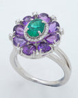 Diamond Ring with Natural Emerald and Amethyst Floral Design
