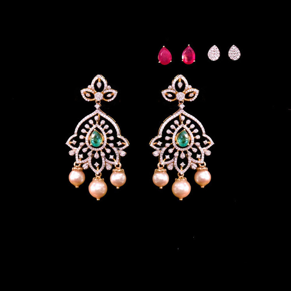 Diamond Necklace with Natural Emeralds/Rubies and Pearls With Earring