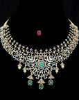 Diamond Necklace with Natural Changeble Rubies & Emeralds and Pearl Drops.