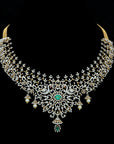 Diamond Necklace with Natural Changeble Rubies & Emeralds and Pearl Drops.