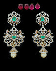 Diamond Earrings with Natural Changeble Rubies & Emeralds and Pearl Drops.