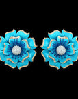 Diamond Flower Earrings with Layered Hand-Painted Blue Enamel Petals