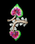 Diamond Statement Ring with Hand-Painted Multicolor Enamel Leaves and Pear-Shaped Diamonds