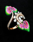 Diamond Statement Ring with Hand-Painted Multicolor Enamel Leaves and Pear-Shaped Diamonds