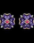Diamond Floral Earrings with Hand-Painted Purple Enamel Petals