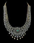 Diamond Haaram Necklace with Natural Changeble Rubies & Emeralds and Pearl Drops.