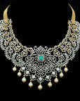 Diamond Haaram Necklace with Natural Changeble Rubies & Emeralds and Pearl Drops.
