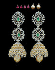 Diamond Earrings/Jhumkas with Natural Changeble Rubies & Emeralds and Pearl Drops.