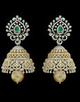 Diamond Earrings/Jhumkas with Natural Changeble Rubies & Emeralds and Pearl Drops.