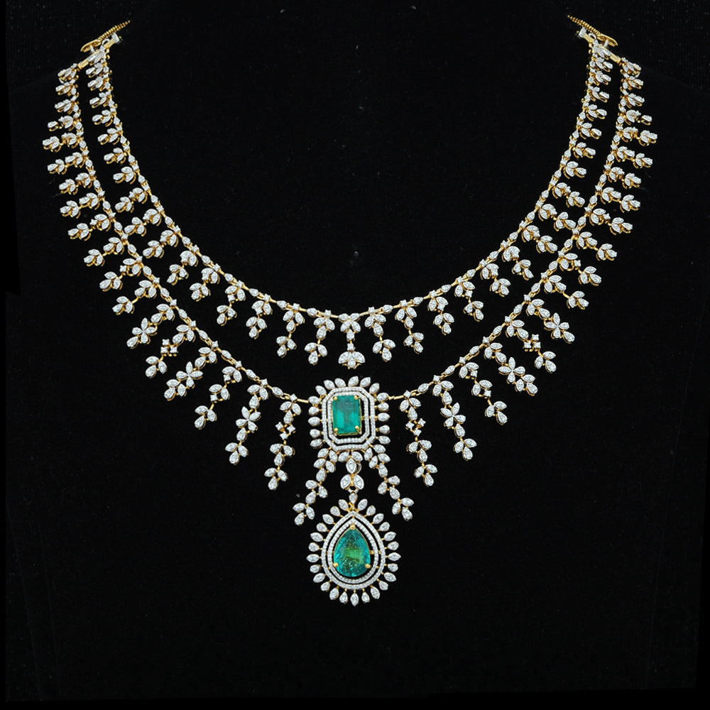 3 Layered Diamond Necklace with Natural Changeable Rubies &amp; Emeralds