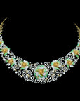 Diamond Floral Necklace with Hand-Painted Green Enamel Petals With Earring Set