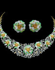 Diamond Floral Necklace with Hand-Painted Green Enamel Petals With Earring Set