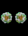 Diamond Floral Necklace with Hand-Painted Green Enamel Petals With Earring Set