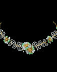 3 in 1 Diamond Floral Necklace with Hand-Painted Green Enamel Petals