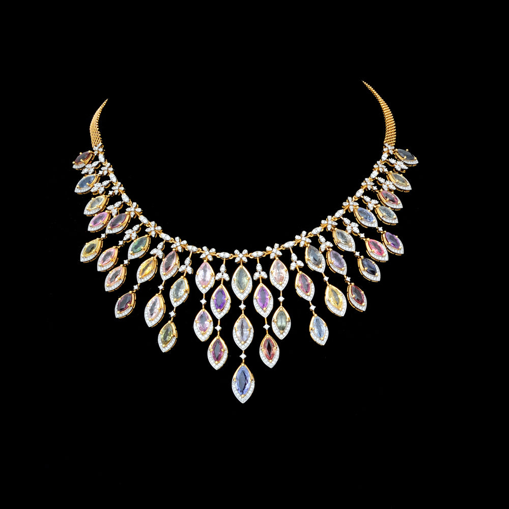 Diamond Necklace with Mixed Natural Sapphires With Earring Set