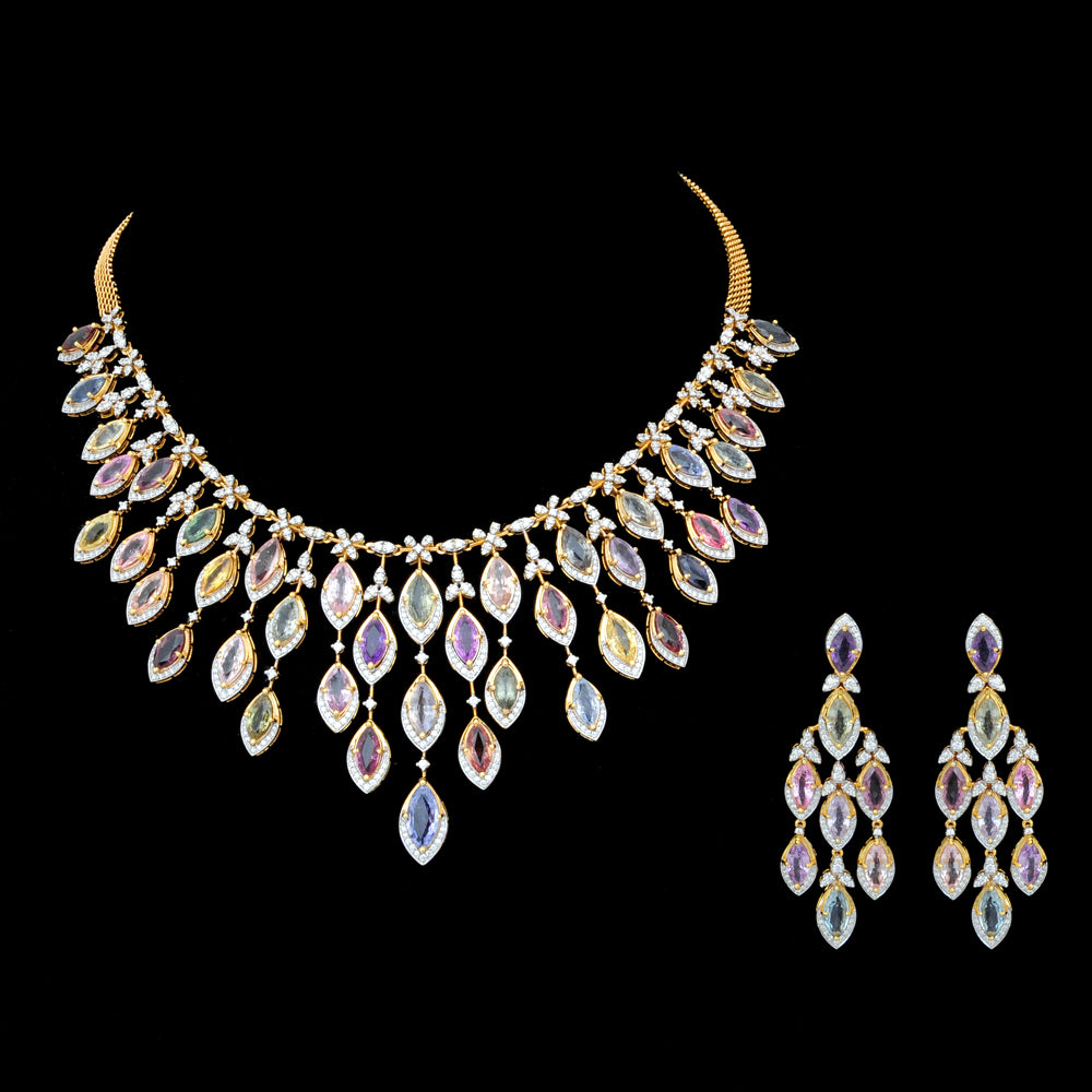 Diamond Necklace with Mixed Natural Sapphires With Earring Set