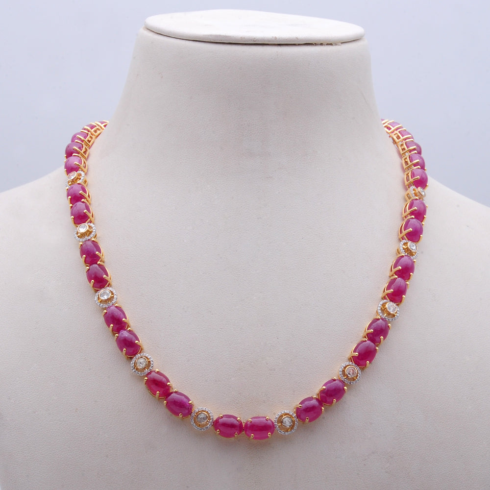 Diamond Necklace with Natural Ruby Oval Elements With Earring Set