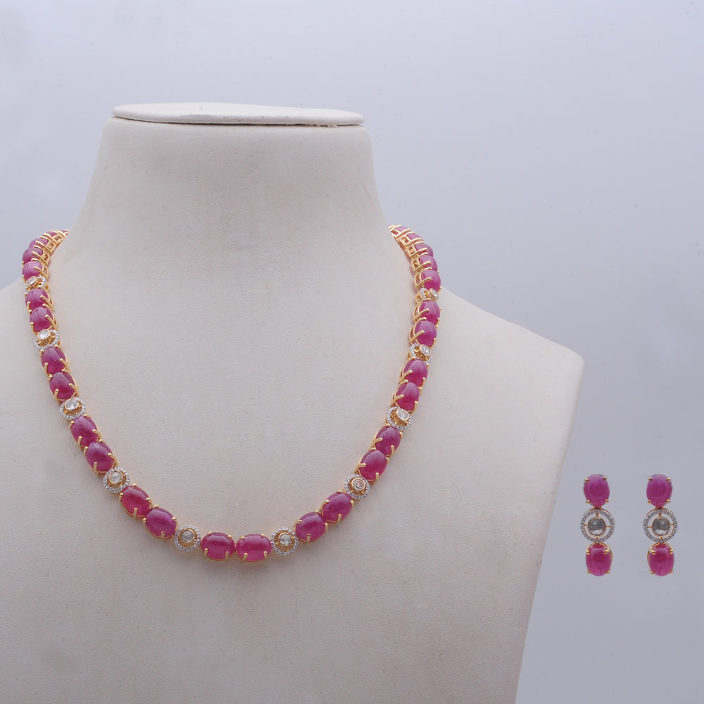 Diamond Necklace with Natural Ruby Oval Elements With Earring Set