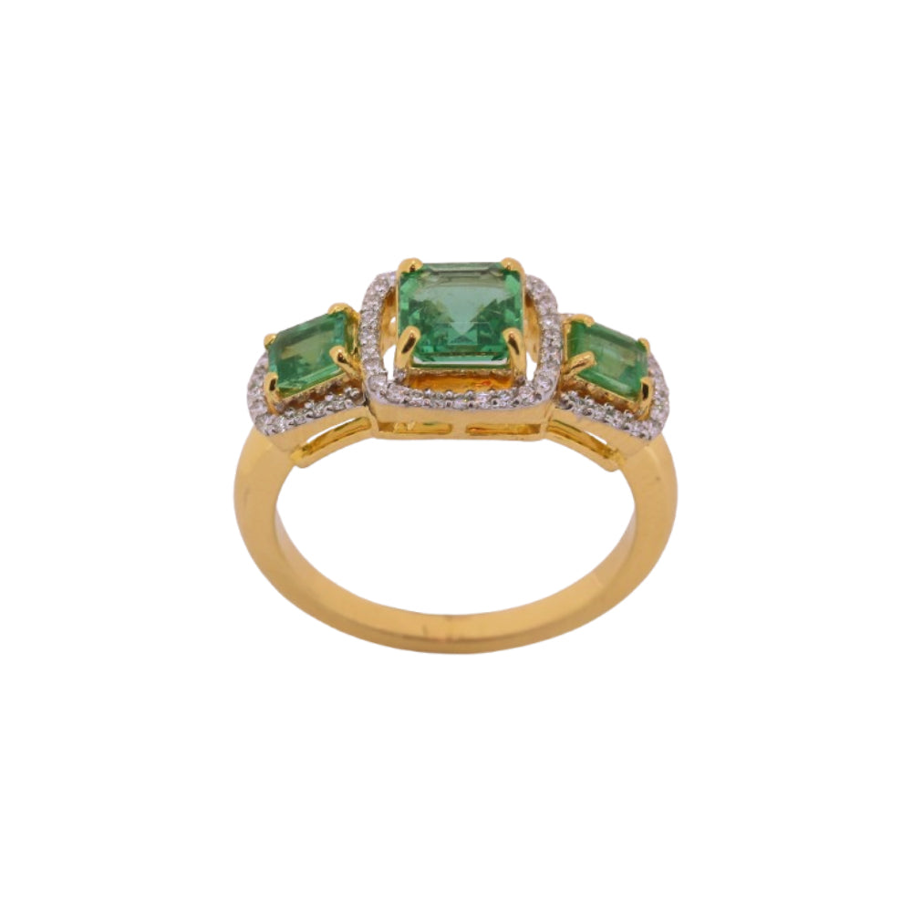 Diamond and Emerald Three-Stone Halo Ring